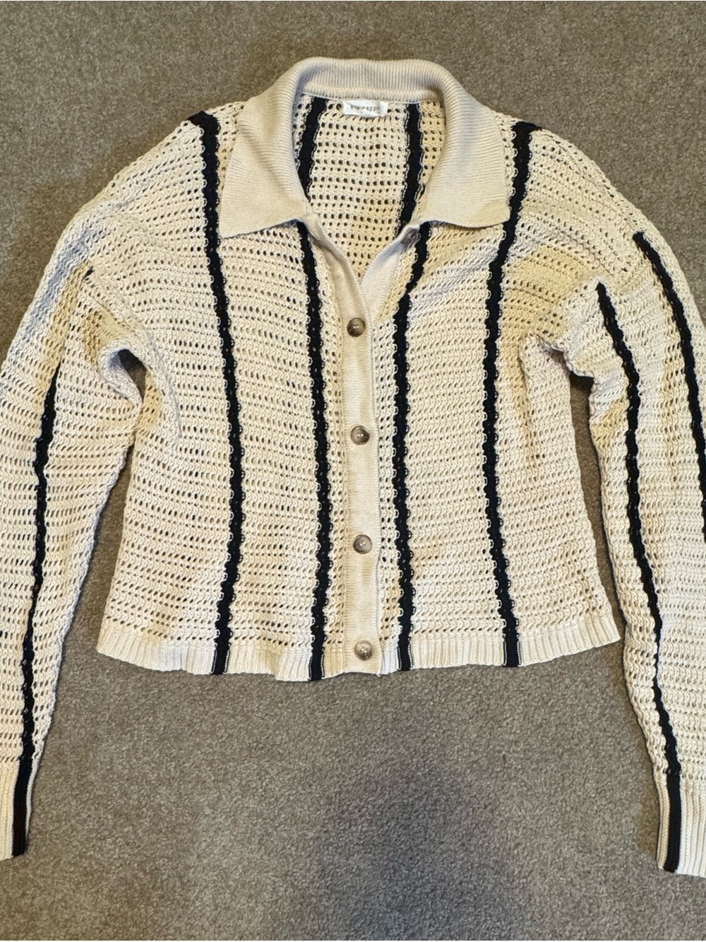 Blu Pepper Cream Open-Knit Cardigan with Black Stripes